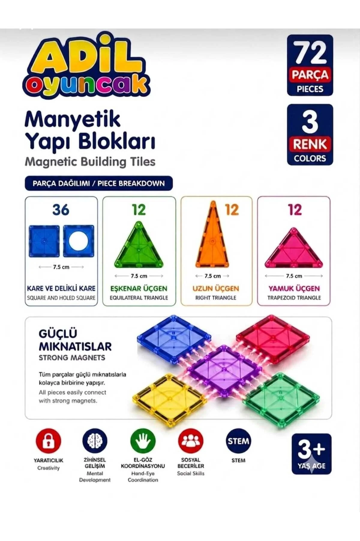 Manyetik Yapı Blokları – Çocuklar İçin Renkli 3 Boyutlu 72 Parça Manyetik Karo Oyun Seti